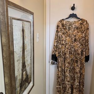 Paisley Print Maxi Dress with Fringe Cuffs - Beige/Black